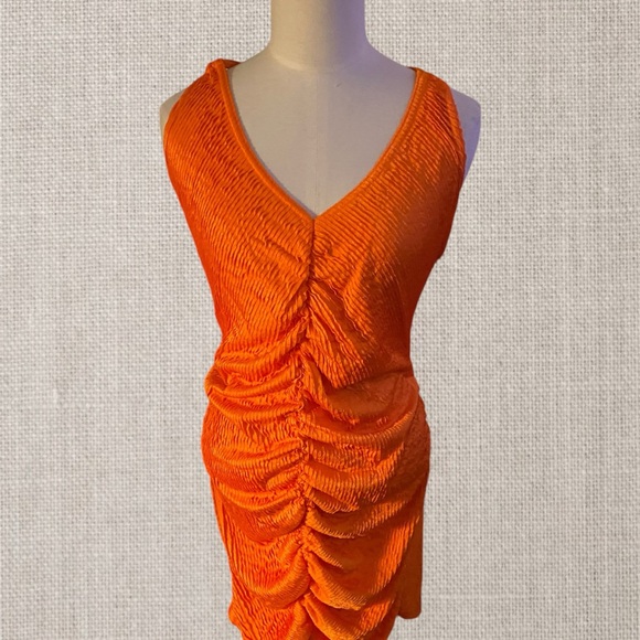 Vibrant Orange Ruched Dress.  Ruched Front Detail
#N066 - Picture 4 of 12